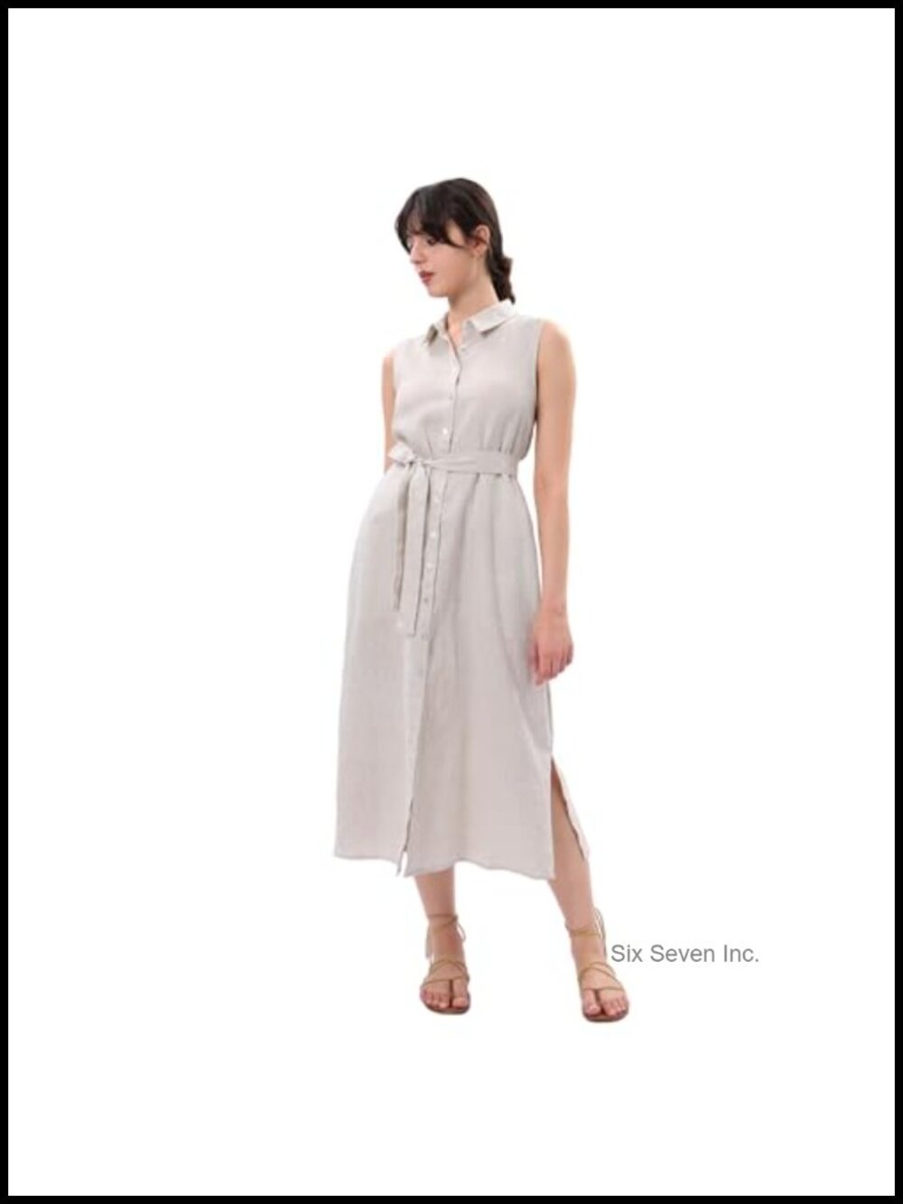 Women's Pure Linen Button Down Midi Dress Sleeveless Belted Relaxed Fit
